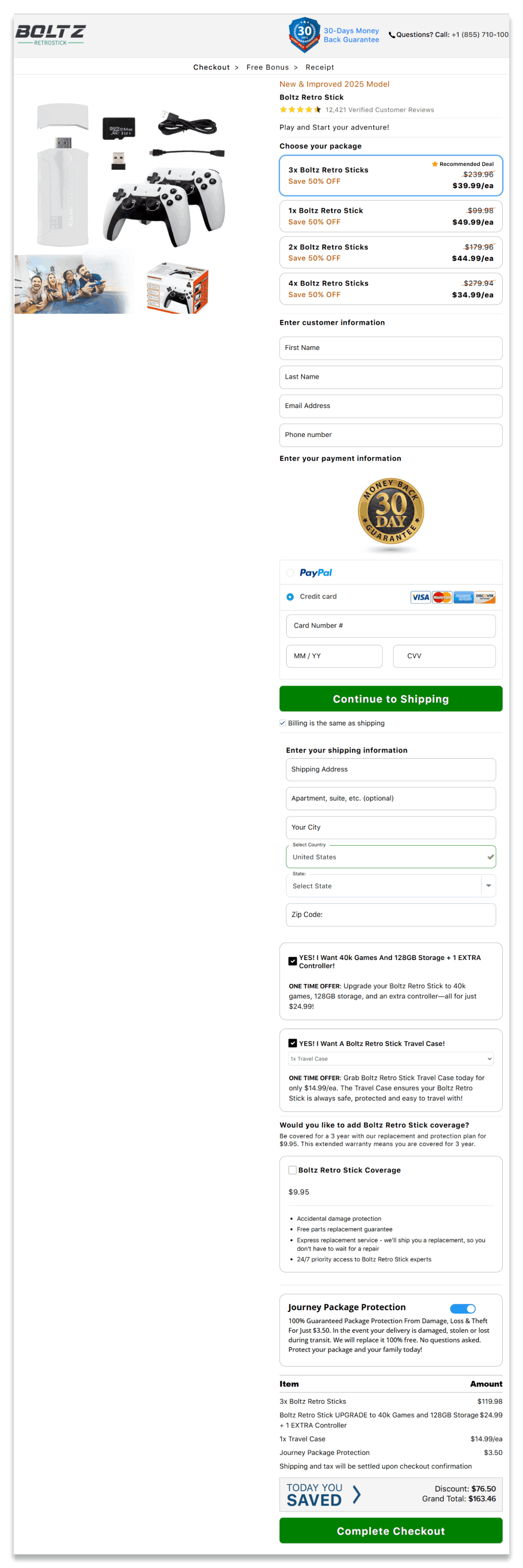 Boltz Retro Stick checkout page