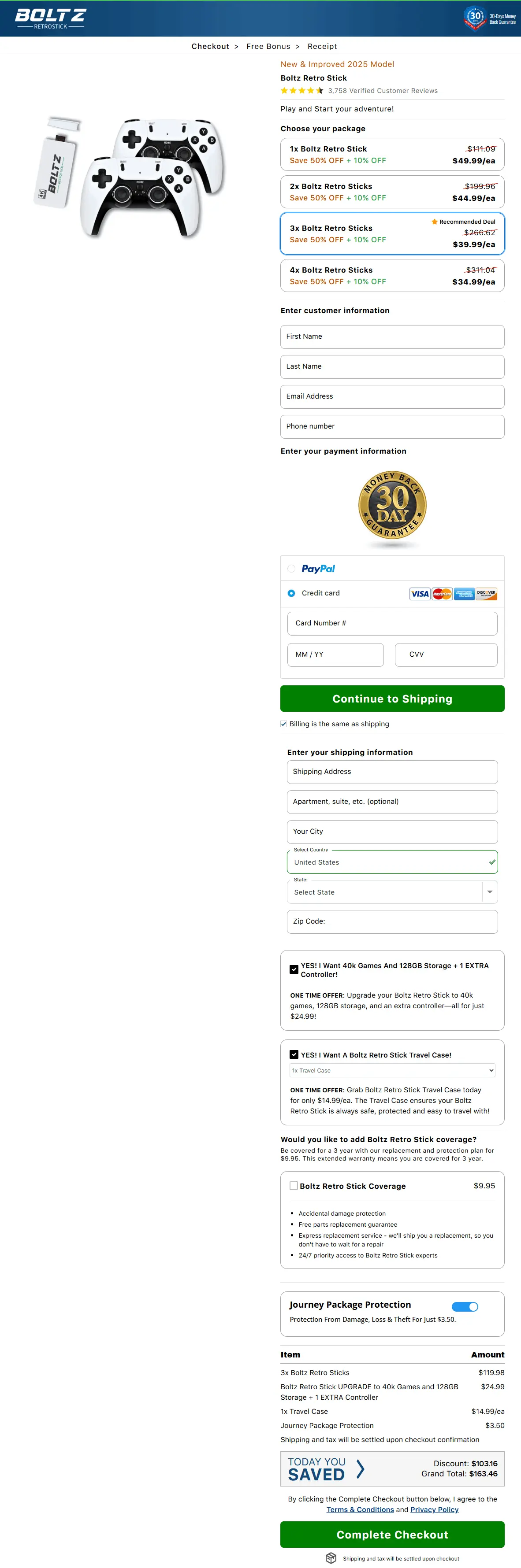 Boltz Retro Stick secure checkout page